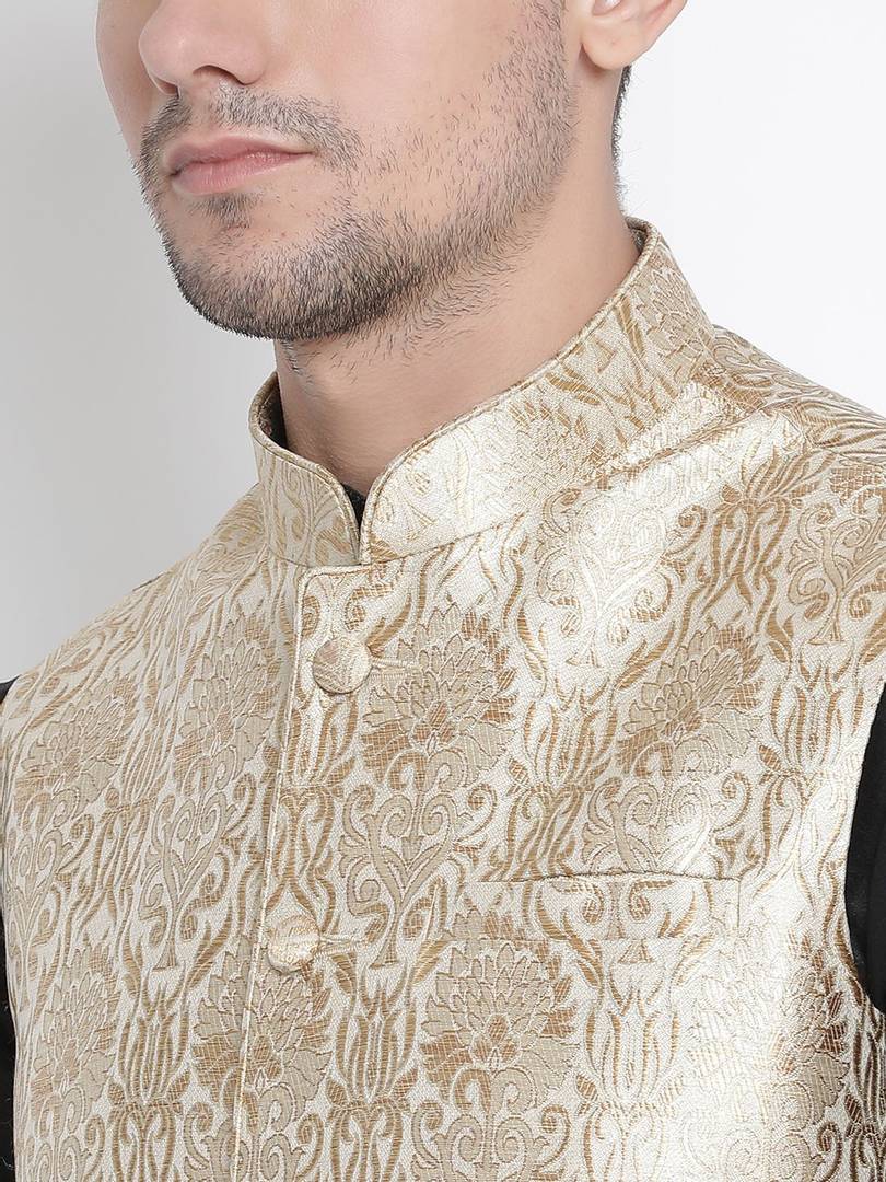 Men's Golden 
Silk Blend
 Woven Design Nehru Jackets