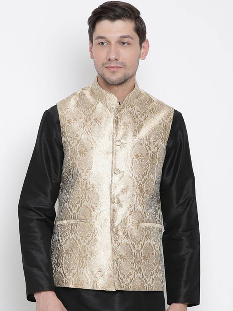 Men's Golden 
Silk Blend
 Woven Design Nehru Jackets