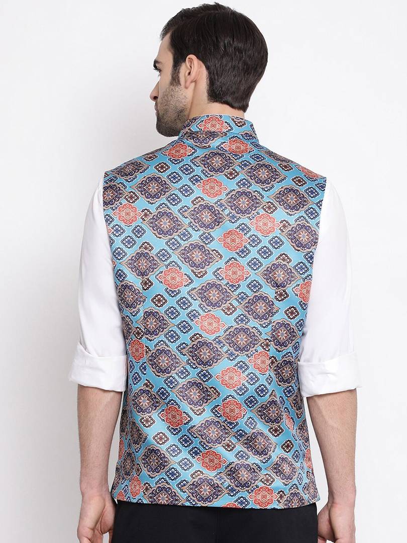 Men's Blue 
Silk Blend
 Printed Nehru Jackets