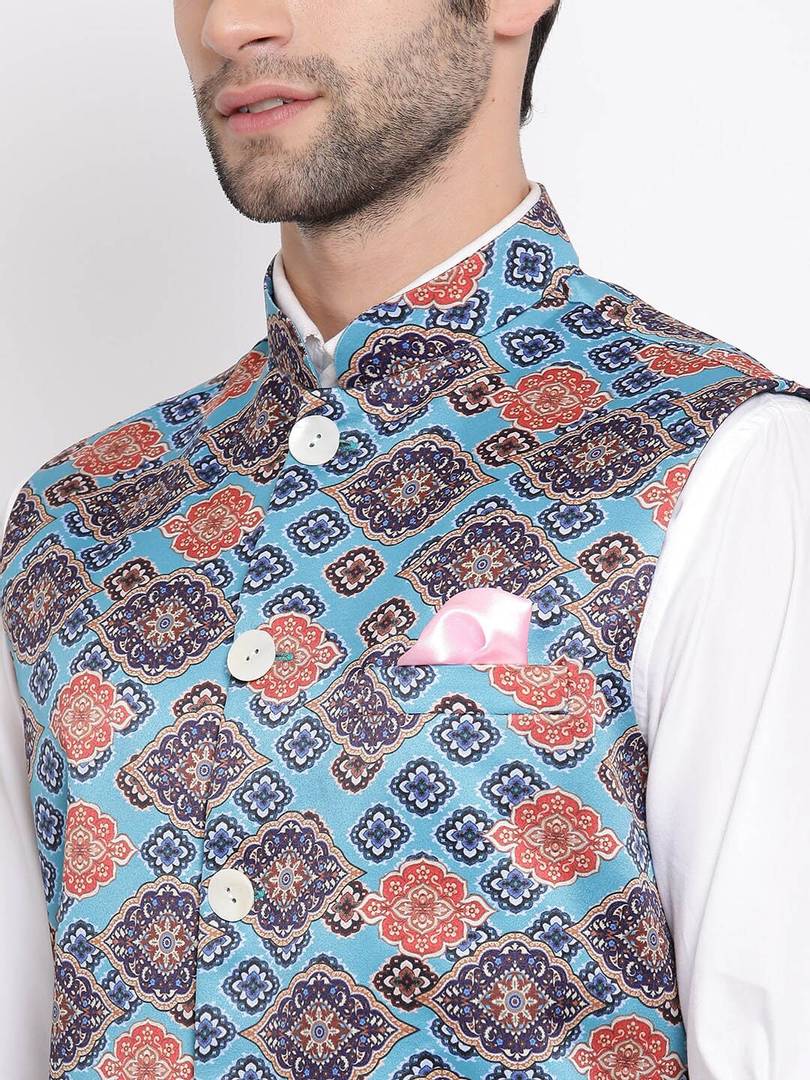Men's Blue 
Silk Blend
 Printed Nehru Jackets