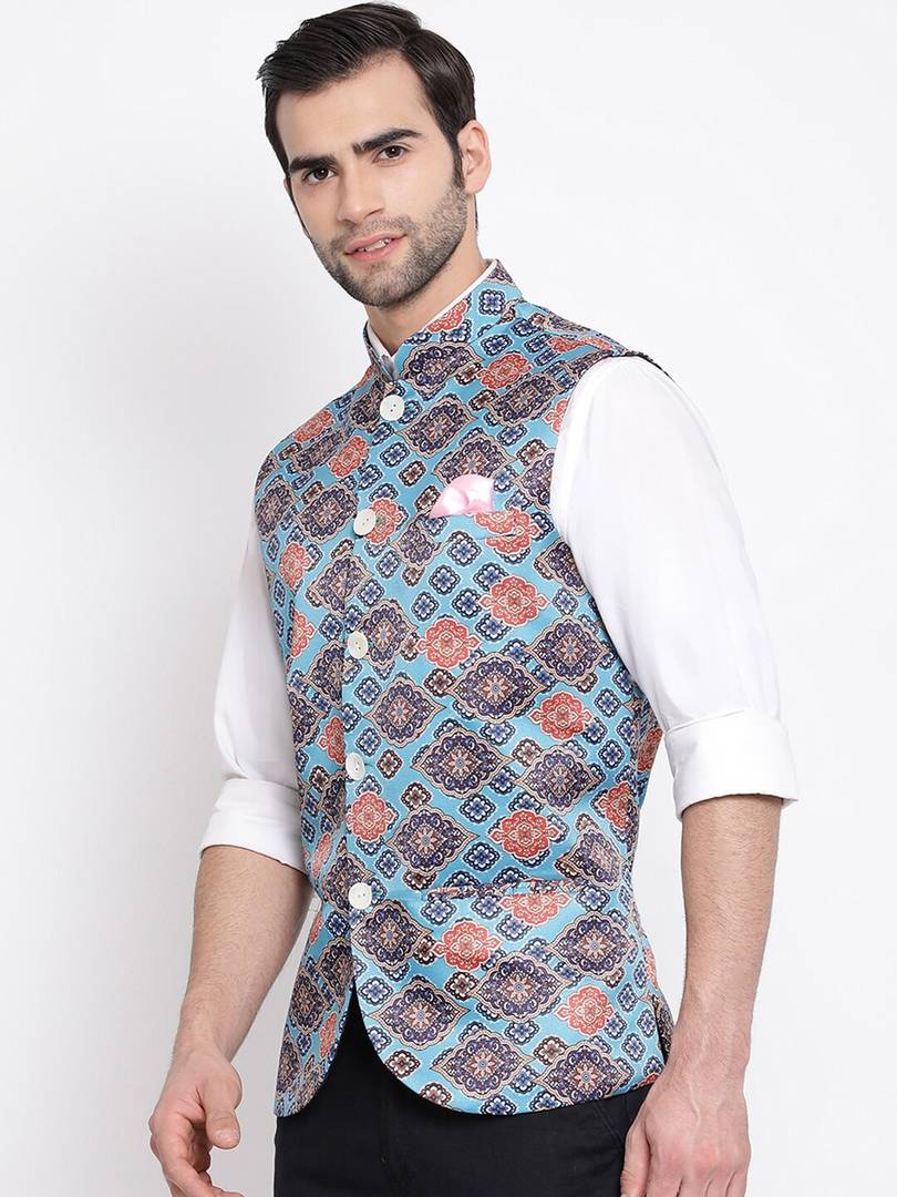 Men's Blue 
Silk Blend
 Printed Nehru Jackets