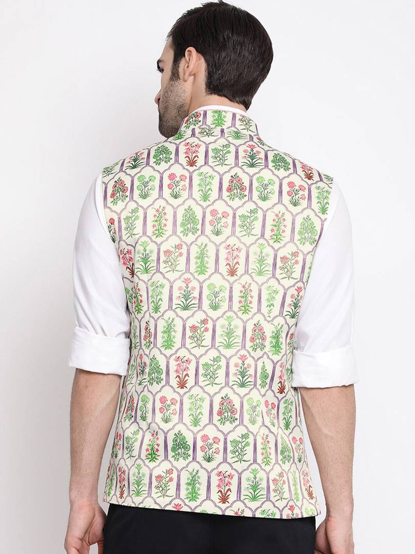 Men's Off White 
Silk Blend
 Printed Nehru Jackets