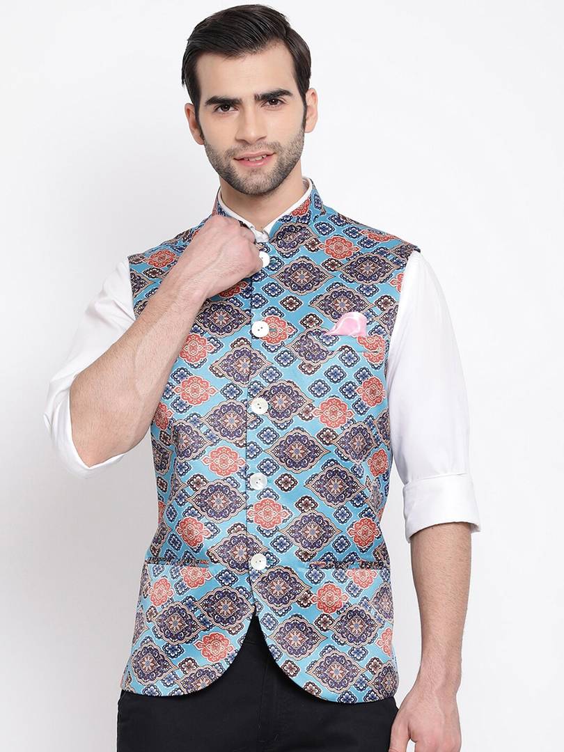 Men's Blue 
Silk Blend
 Printed Nehru Jackets