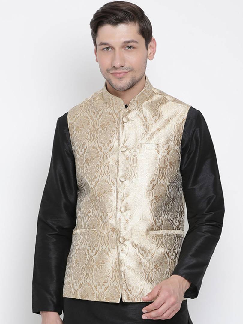 Men's Golden 
Silk Blend
 Woven Design Nehru Jackets