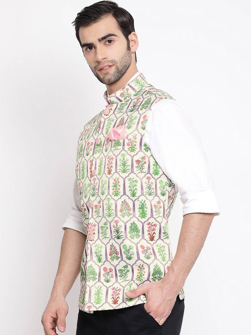 Men's Off White 
Silk Blend
 Printed Nehru Jackets