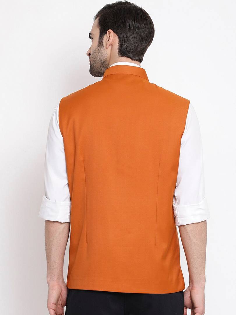 Men's Orange 
Cotton Blend
 Solid
 Nehru Jackets