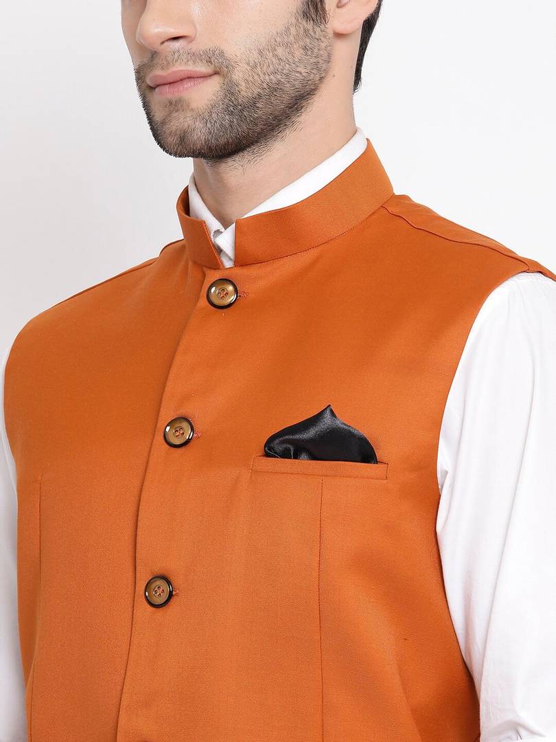 Men's Orange 
Cotton Blend
 Solid
 Nehru Jackets