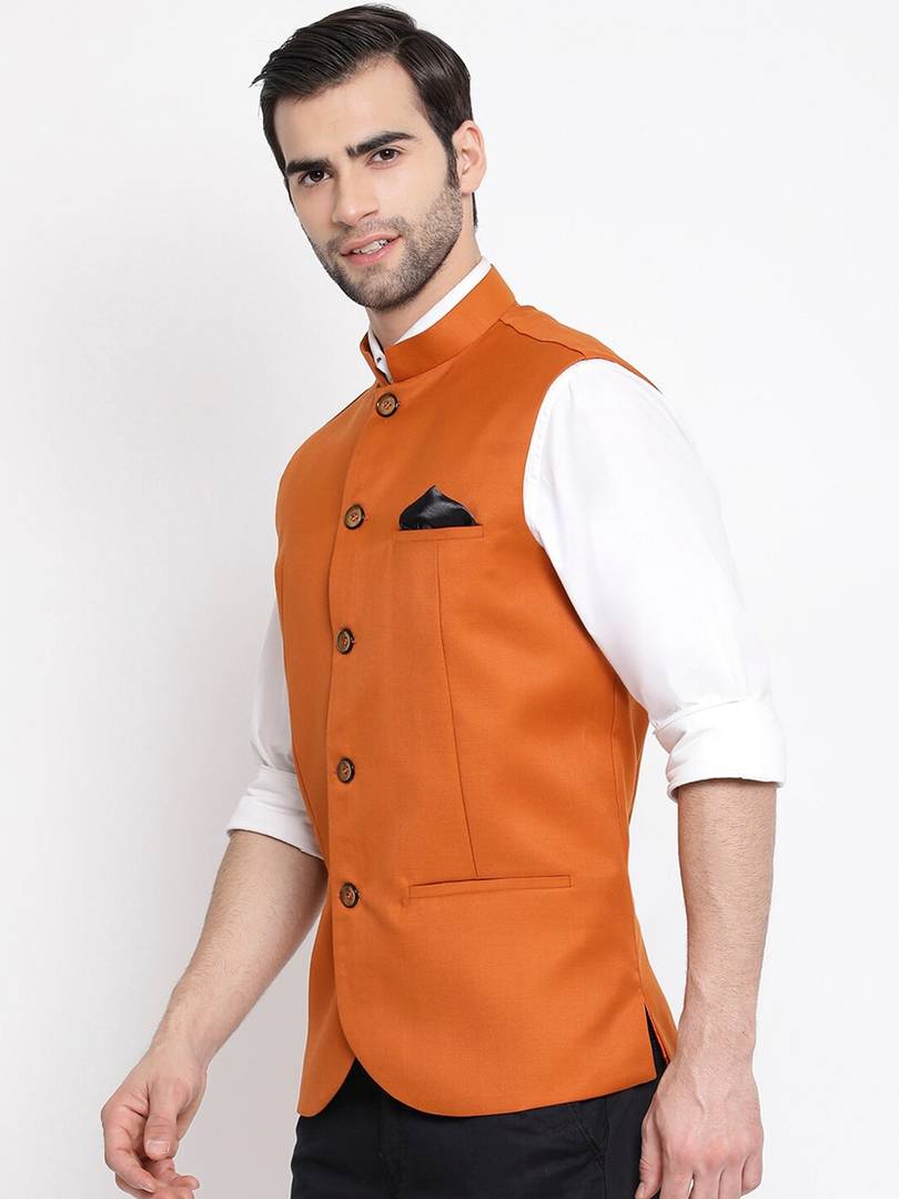 Men's Orange 
Cotton Blend
 Solid
 Nehru Jackets