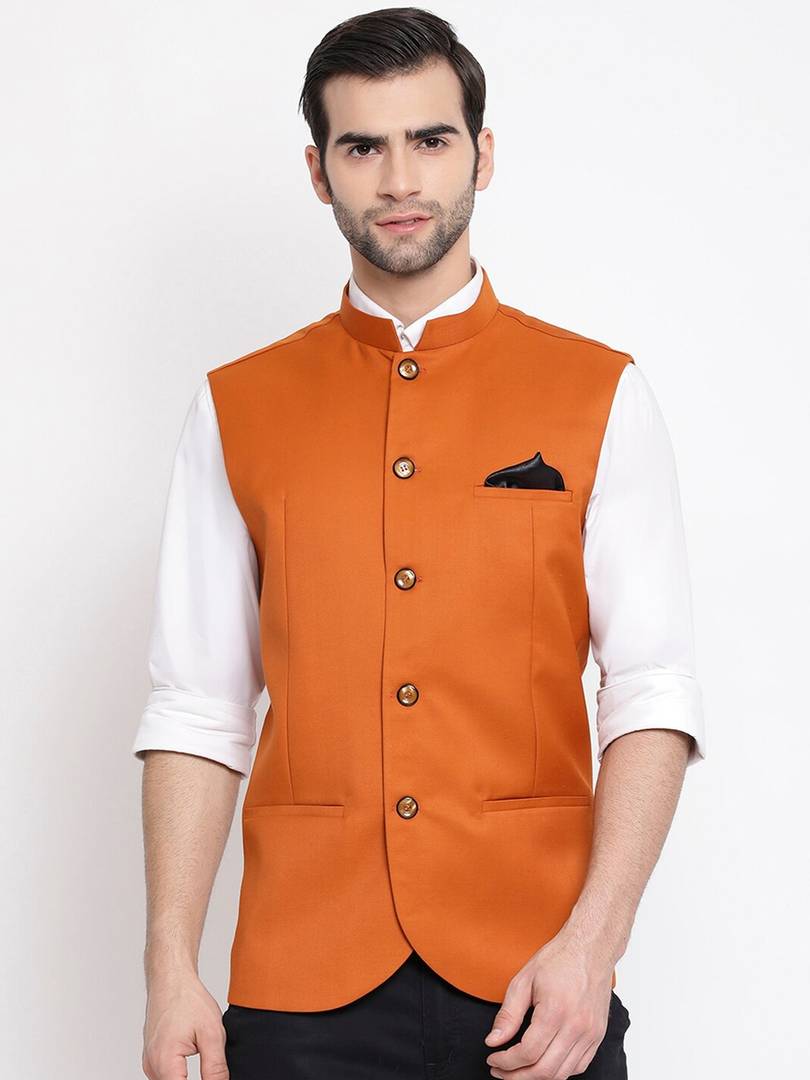 Men's Orange 
Cotton Blend
 Solid
 Nehru Jackets