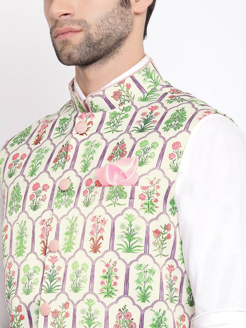 Men's Off White 
Silk Blend
 Printed Nehru Jackets