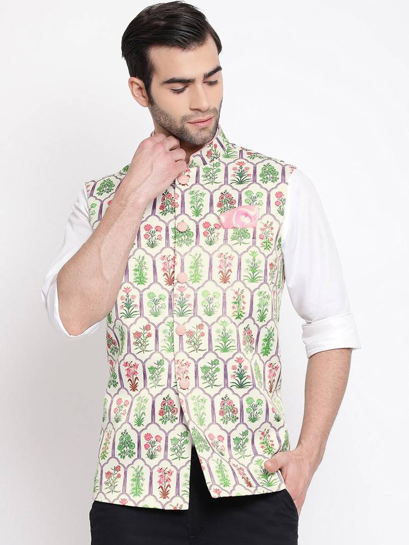 Men's Off White 
Silk Blend
 Printed Nehru Jackets