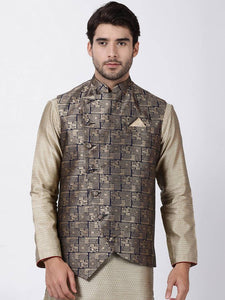 Men's Black 
Cotton Blend
 Woven Design Nehru Jackets