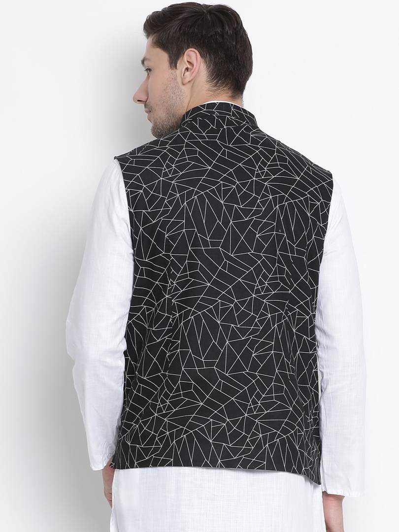 Men's Black Cotton
 Printed Nehru Jackets