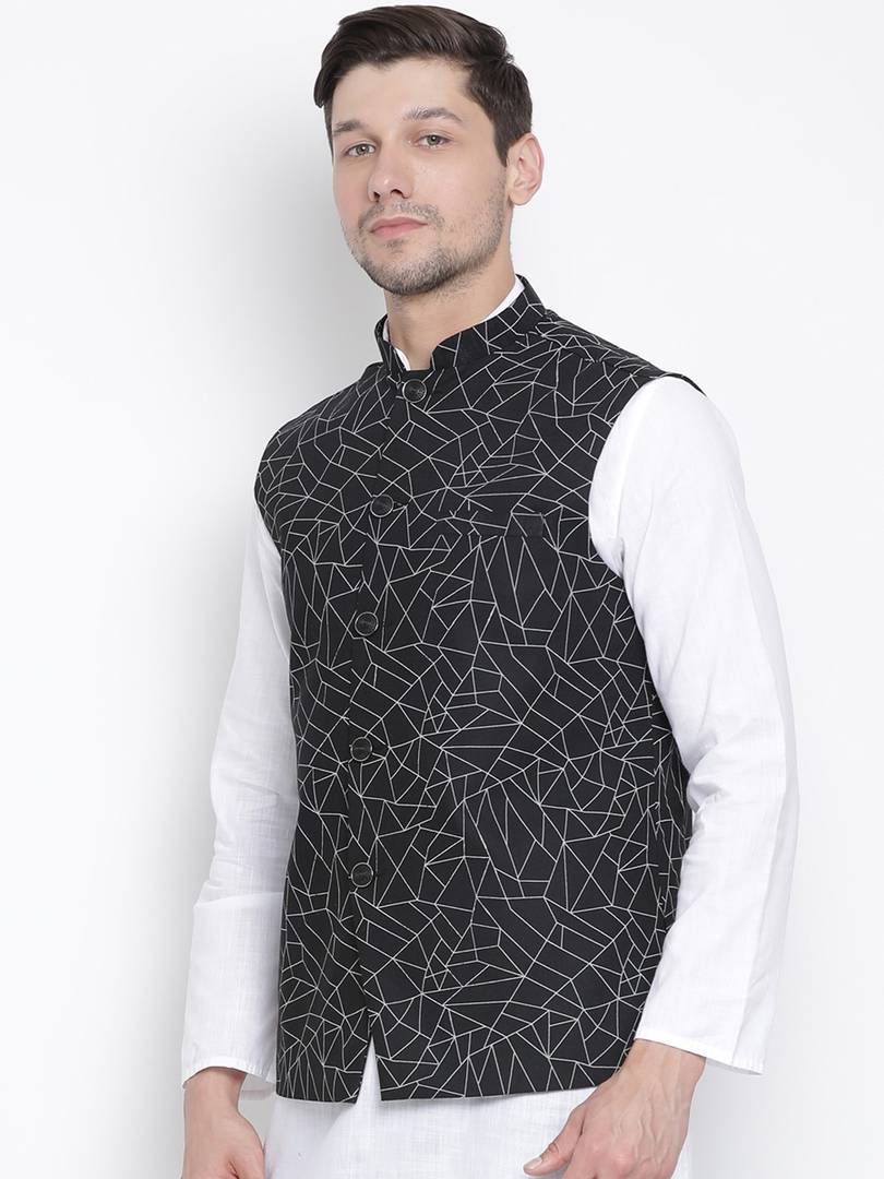 Men's Black Cotton
 Printed Nehru Jackets