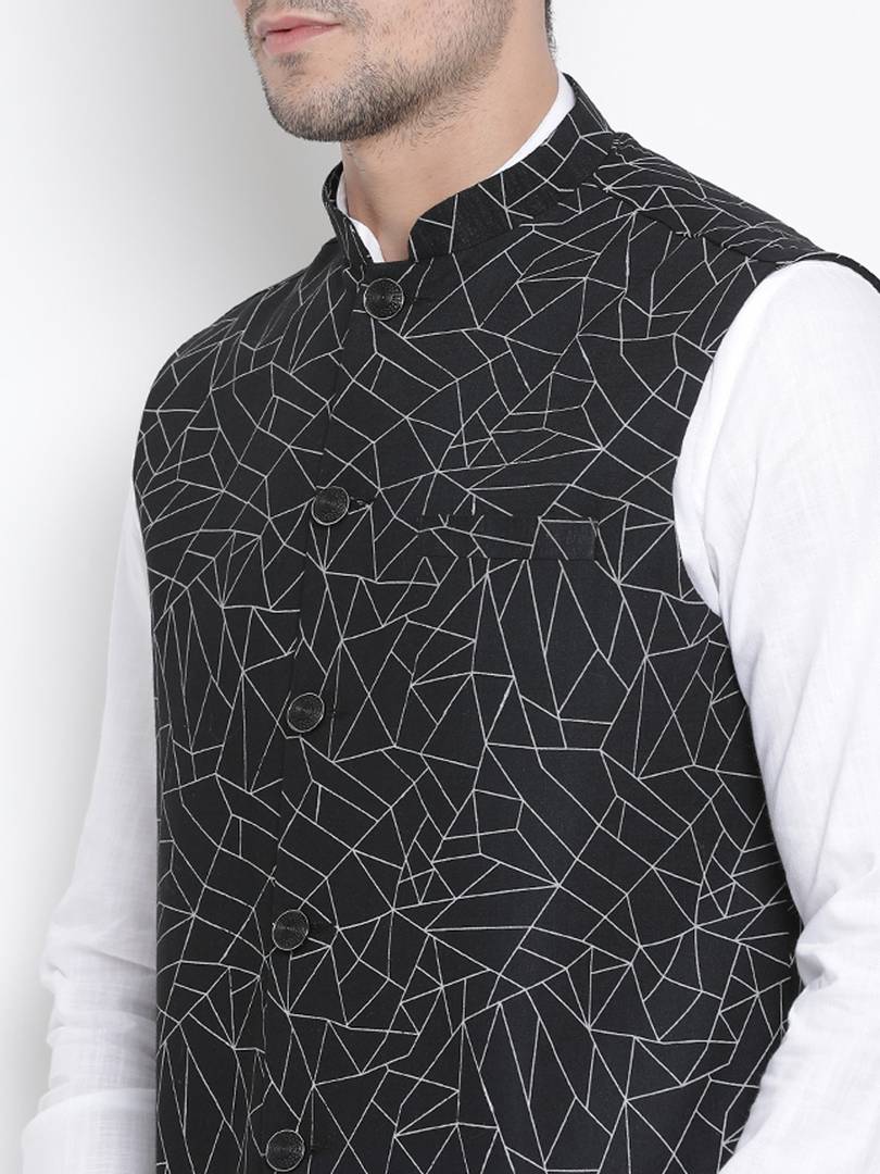 Men's Black Cotton
 Printed Nehru Jackets