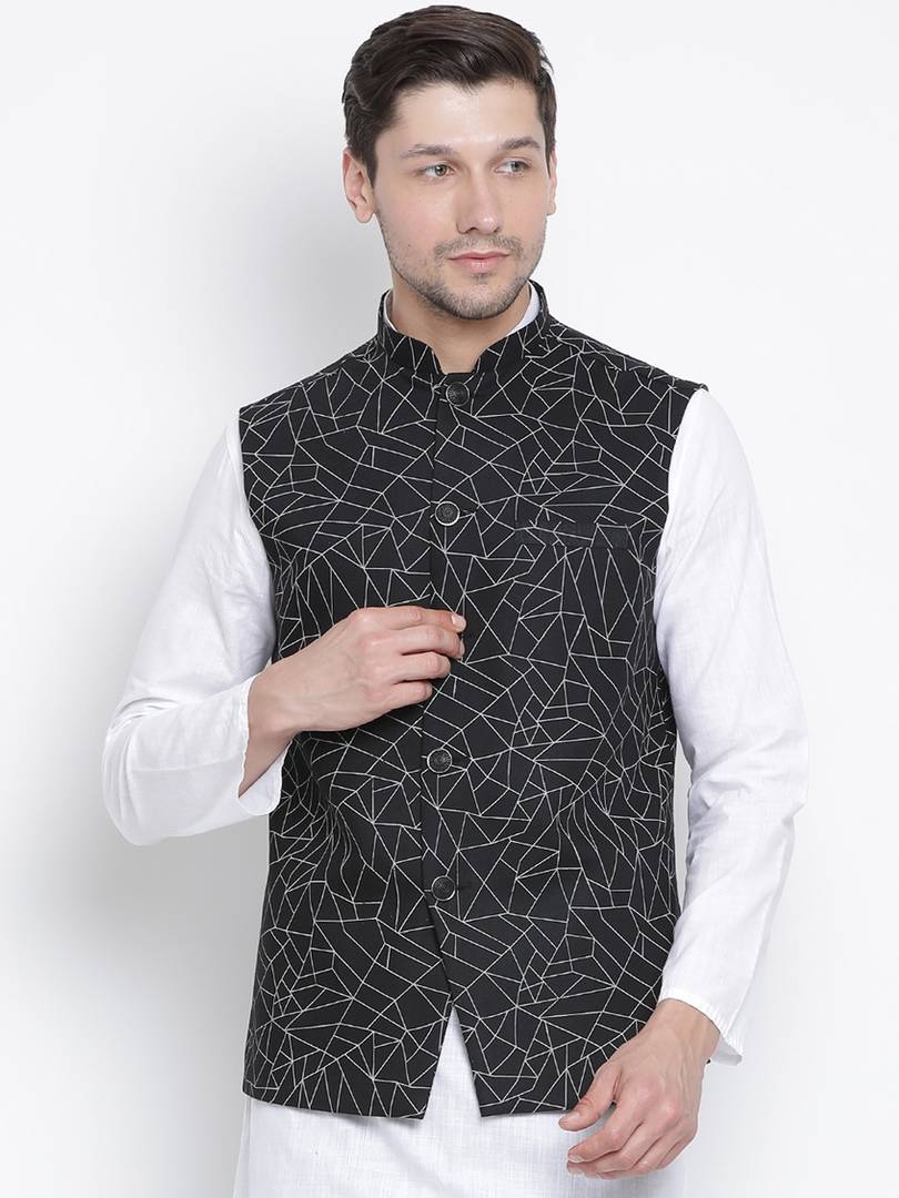 Men's Black Cotton
 Printed Nehru Jackets