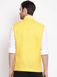 Men's Yellow 
Cotton Blend
 Woven Design Nehru Jackets