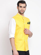 Load image into Gallery viewer, Men&#39;s Yellow 
Cotton Blend
 Woven Design Nehru Jackets