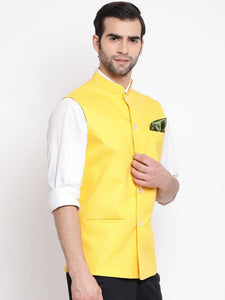 Men's Yellow 
Cotton Blend
 Woven Design Nehru Jackets