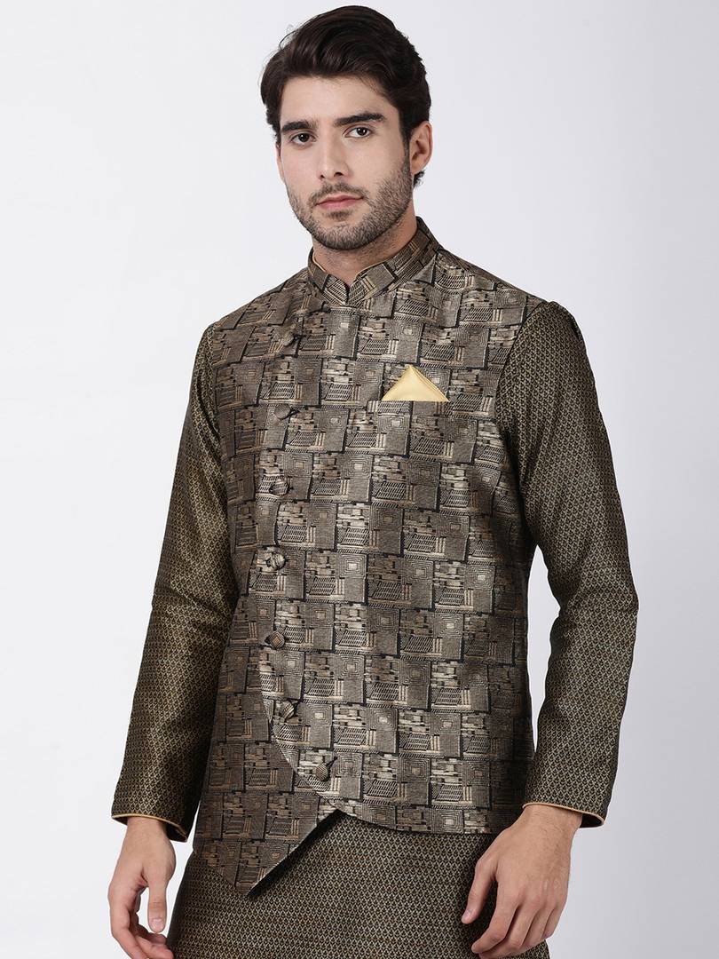 Men's Black 
Cotton Blend
 Woven Design Nehru Jackets