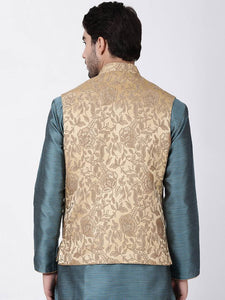 Men's Beige 
Cotton Blend
 Woven Design Nehru Jackets