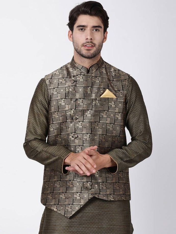 Men's Black 
Cotton Blend
 Woven Design Nehru Jackets