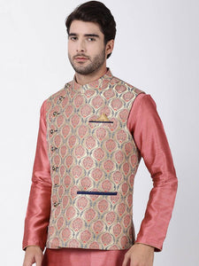 Men's Peach 
Cotton Blend
 Printed Nehru Jackets