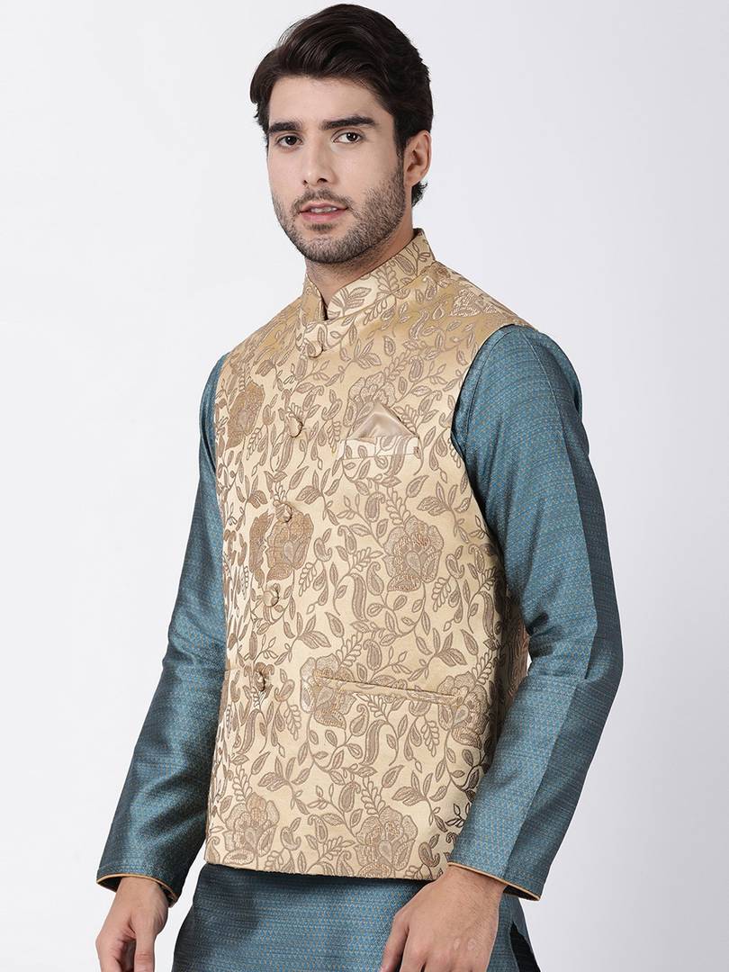 Men's Beige 
Cotton Blend
 Woven Design Nehru Jackets