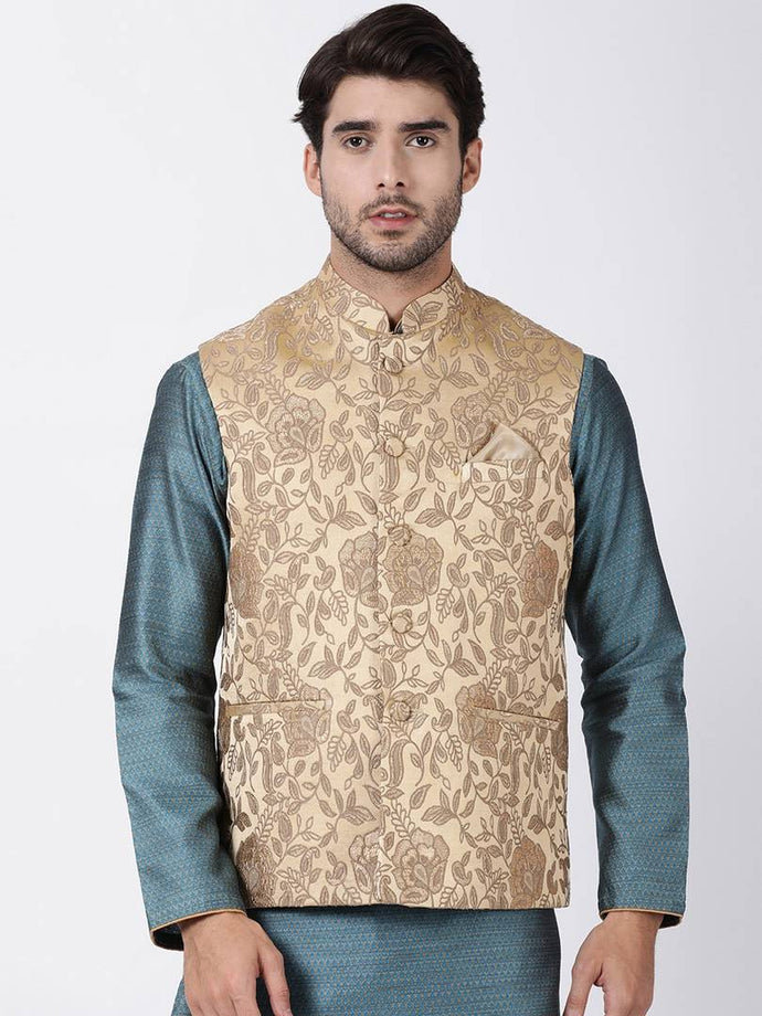 Men's Beige 
Cotton Blend
 Woven Design Nehru Jackets
