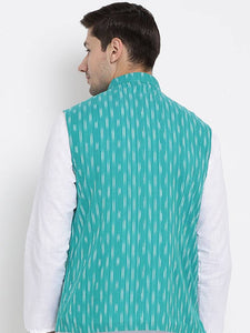 Men's Turquoise 
Cotton Blend
 Woven Design Nehru Jackets