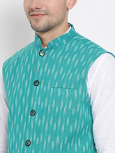 Load image into Gallery viewer, Men&#39;s Turquoise 
Cotton Blend
 Woven Design Nehru Jackets