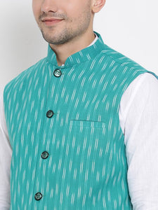 Men's Turquoise 
Cotton Blend
 Woven Design Nehru Jackets