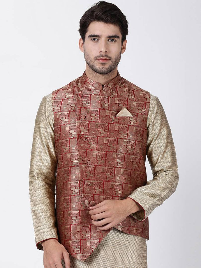 Men's Maroon 
Cotton Blend
 Woven Design Nehru Jackets