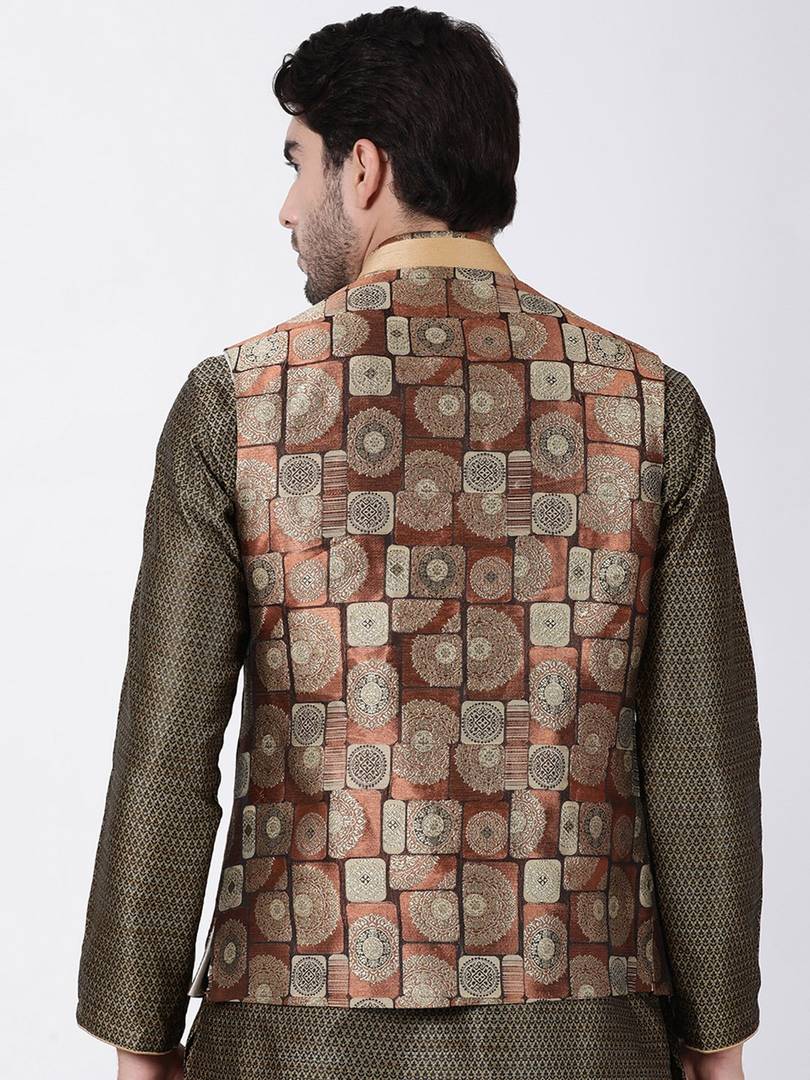 Men's Coffee 
Cotton Blend
 Woven Design Nehru Jackets