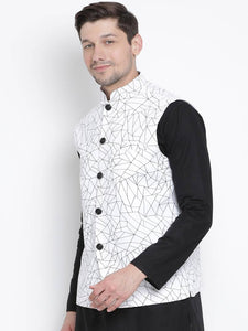 Men's White Cotton
 Printed Nehru Jackets