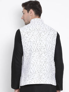 Men's White Cotton
 Printed Nehru Jackets