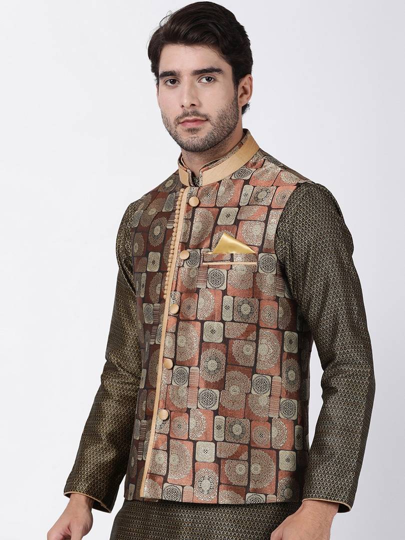 Men's Coffee 
Cotton Blend
 Woven Design Nehru Jackets