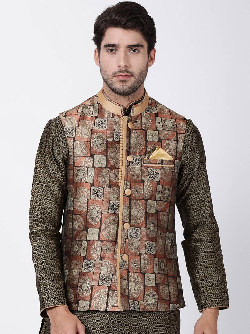 Men's Coffee 
Cotton Blend
 Woven Design Nehru Jackets