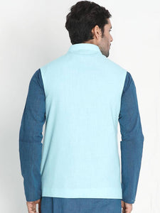 Men's Turquoise Cotton
 Solid
 Nehru Jackets