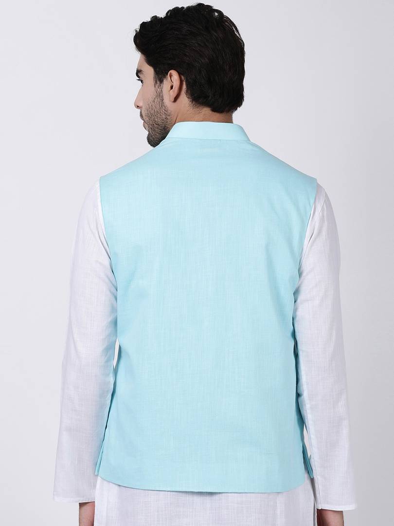 Men's Blue 
Cotton Blend
 Solid
 Nehru Jackets