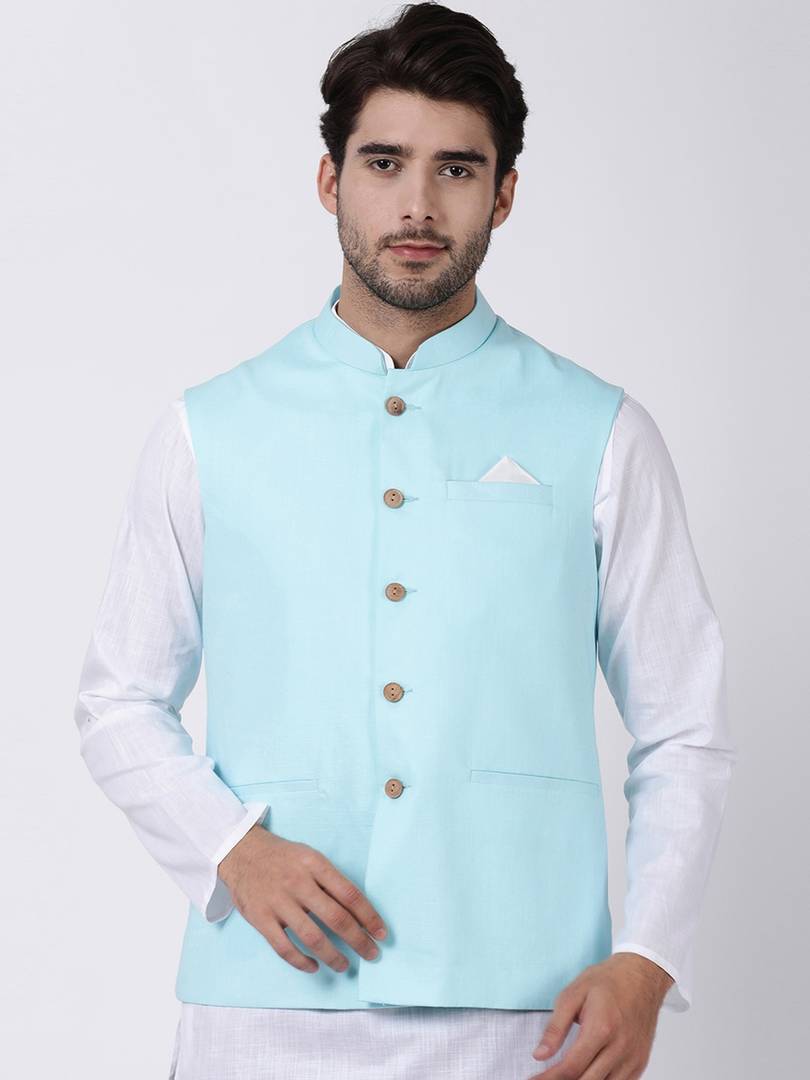 Men's Blue 
Cotton Blend
 Solid
 Nehru Jackets