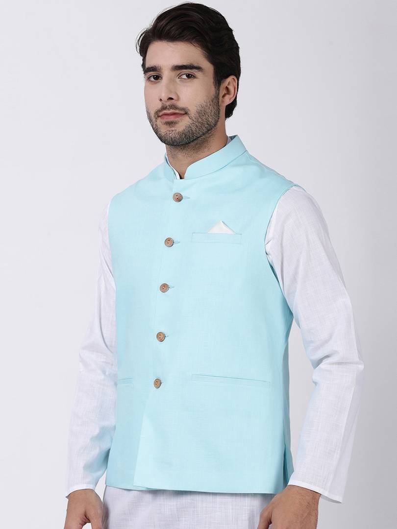 Men's Blue 
Cotton Blend
 Solid
 Nehru Jackets
