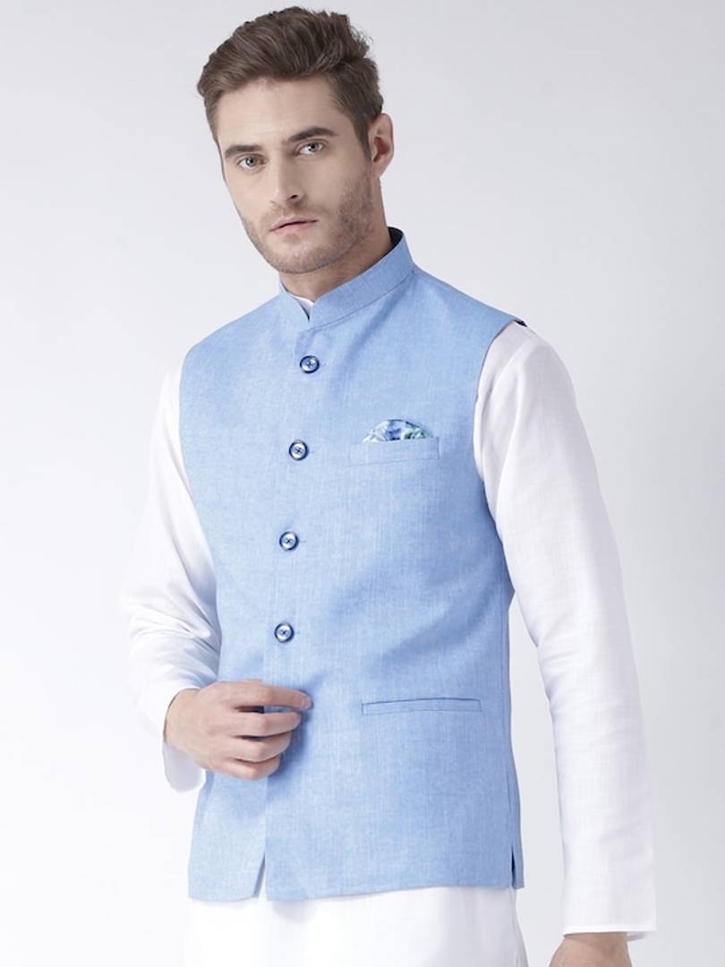 Men's Blue 
Linen
 Solid
 Nehru Jackets