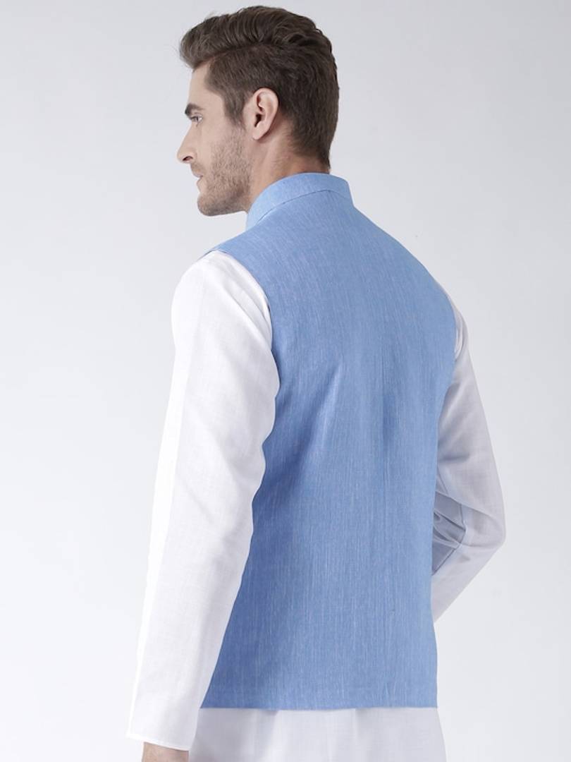 Men's Blue 
Linen
 Solid
 Nehru Jackets