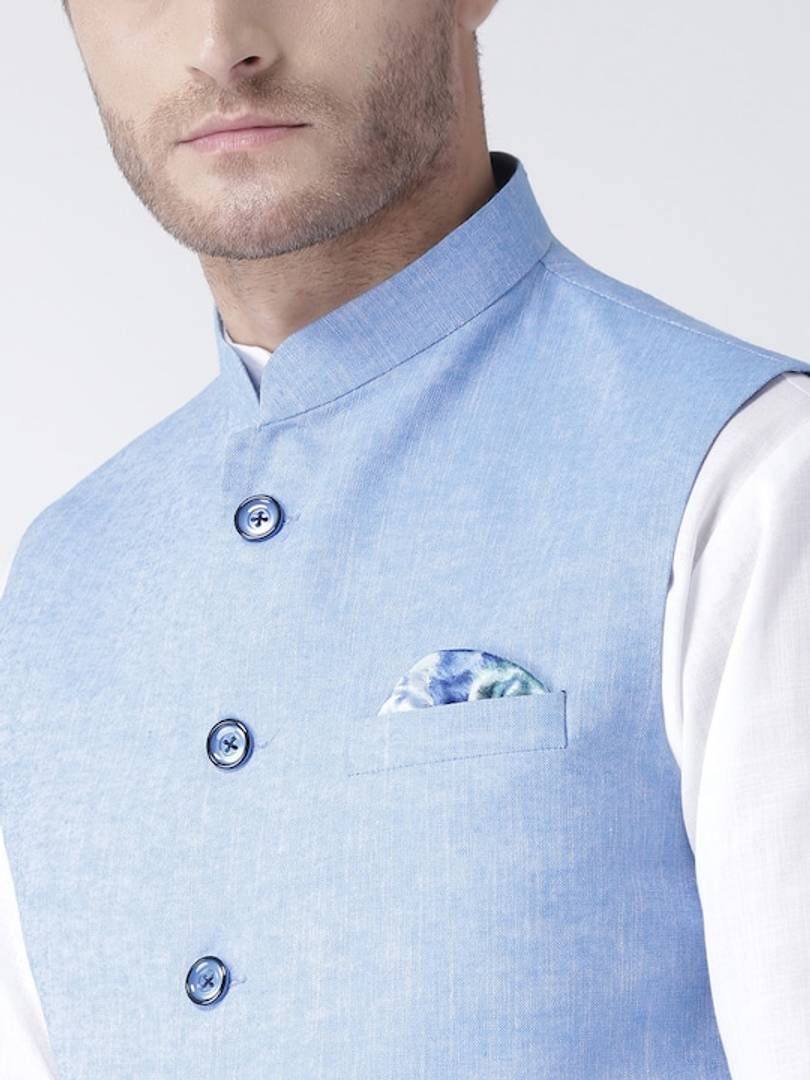 Men's Blue 
Linen
 Solid
 Nehru Jackets