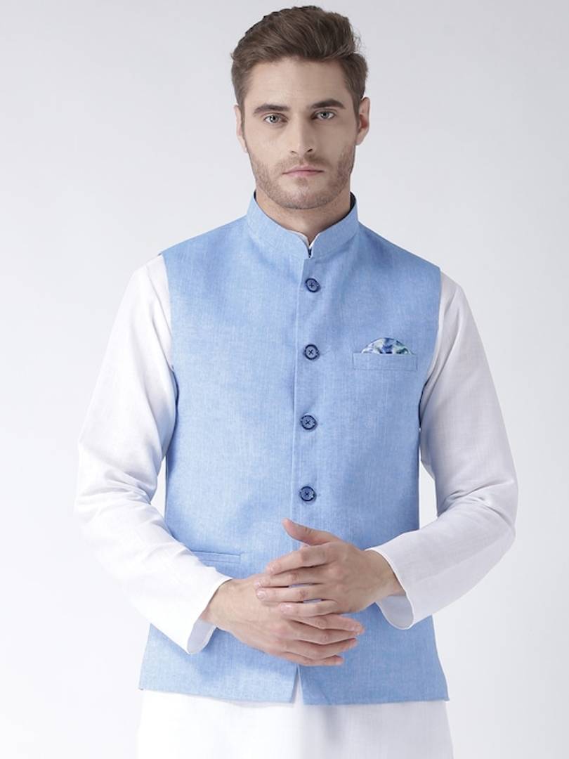 Men's Blue 
Linen
 Solid
 Nehru Jackets