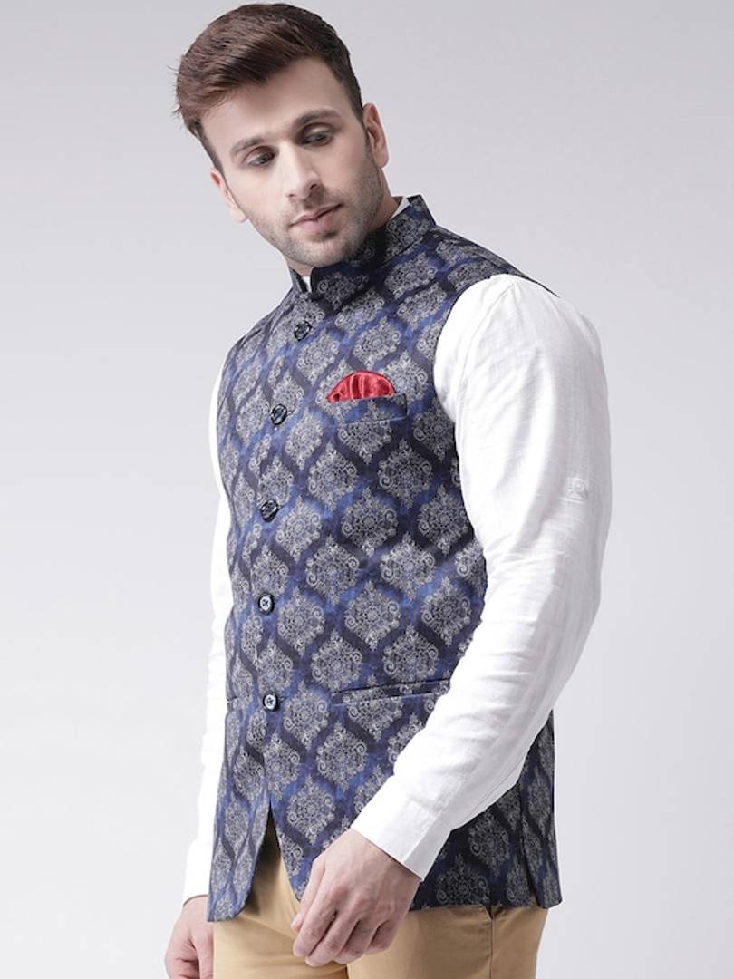 Men's Blue Viscose
 Printed Nehru Jackets