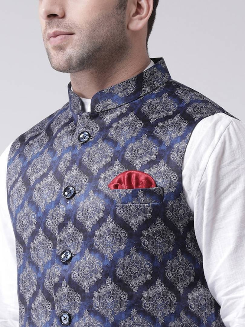 Men's Blue Viscose
 Printed Nehru Jackets