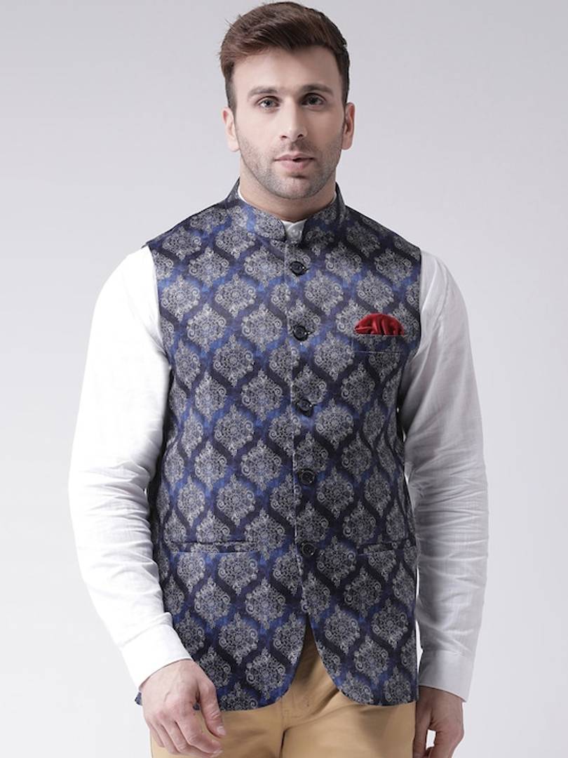 Men's Blue Viscose
 Printed Nehru Jackets