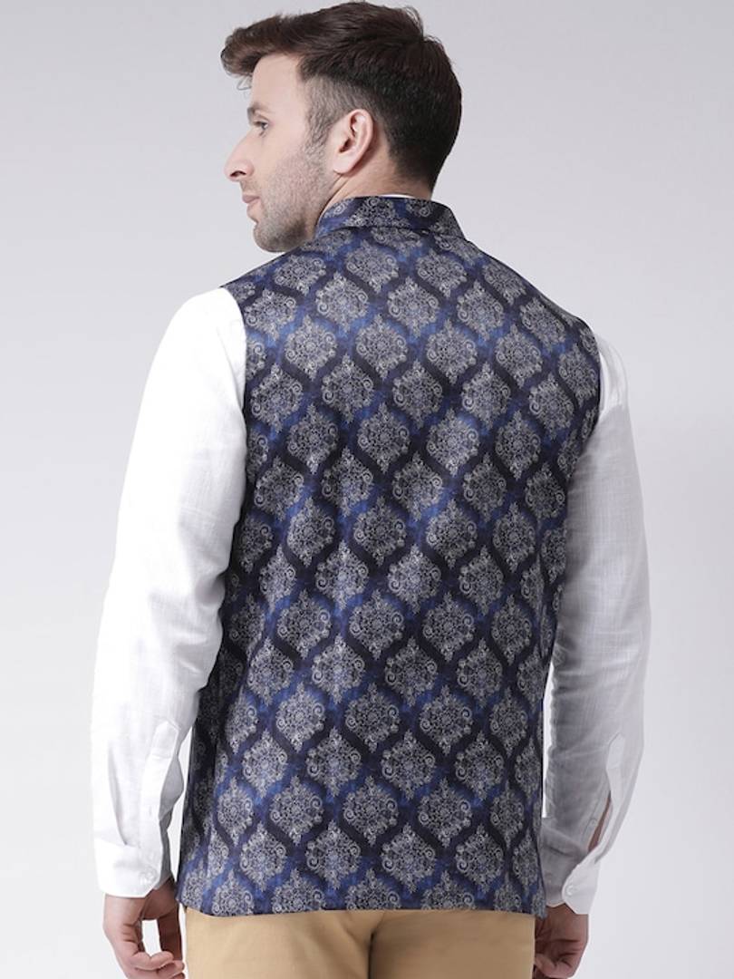 Men's Blue Viscose
 Printed Nehru Jackets